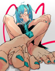Rule 34 | 1girl, absurdres, aqua necktie, barefoot, blouse, covering own mouth, feet, foot focus, foreshortening, green hair, grey shirt, hand over own mouth, hatsune miku, highres, legs, nail polish, necktie, serp2275, shirt, solo, toenail polish, toenails, twintails, vocaloid