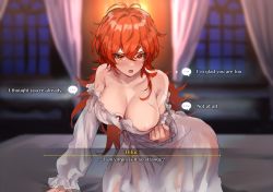 Rule 34 | ..., 1girl, areola slip, bare shoulders, blurry, blurry background, blush, breasts, cleavage, commentary, curtains, diluc (genshin impact), dress, english commentary, english text, frilled sleeves, frills, gameplay mechanics, genderswap, genderswap (mtf), genshin impact, hair between eyes, heart, highres, hominamia, indoors, large breasts, long hair, long sleeves, looking at viewer, on bed, open mouth, red eyes, red hair, scar, scar on arm, scar on chest, solo, speech bubble, white dress, window
