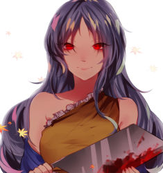 Rule 34 | 1girl, autumn leaves, bare shoulders, blood, bloody weapon, breasts, closed mouth, detached sleeves, dress, euneun, eyes visible through hair, frills, grey hair, hair between eyes, hands up, hidden star in four seasons, knife, large breasts, leaf, long hair, long sleeves, looking at viewer, parted bangs, red eyes, sakata nemuno, simple background, smile, solo, touhou, upper body, weapon, white background, wide sleeves, yellow dress