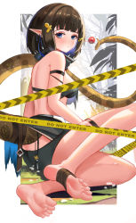 Rule 34 | 1girl, absurdres, arknights, arm strap, bandeau, bare arms, bare legs, bare shoulders, barefoot, black hair, black panties, blue eyes, blunt bangs, bob cut, breasts, candy, caution tape, commentary request, eunectes (arknights), feet, food, he c92, highres, holding, holding with tail, lollipop, medium breasts, panties, pointy ears, prehensile tail, sitting, snake tail, solo, tail, thigh strap, underwear