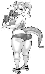 Rule 34 | 1girl, ass, bare shoulders, boned meat, breasts, elf-san wa yaserarenai., food, gonda (elf-san wa yaserarenai.), greyscale, highres, horns, large breasts, lizard tail, looking at viewer, looking back, meat, monochrome, pointy ears, shoes, short shorts, shorts, simple background, sneakers, socks, solo, synecdoche, tail, thick eyebrows, thick thighs, thighs, twintails, white background