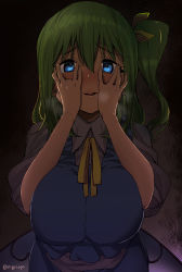 Rule 34 | 1girl, aged up, alternate breast size, artist name, ase (nigesapo), blue eyes, blue shirt, blush, bow, breasts, breasts squeezed together, collared shirt, commentary request, daiyousei, dark background, fairy, fairy wings, green hair, hair between eyes, hair bow, hands on own face, large breasts, medium hair, shirt, short sleeves, side ponytail, solo, touhou, white shirt, wings, yandere trance, yellow neckwear