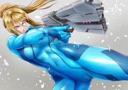 Rule 34 | 1girl, aiming, ass, bad id, bad pixiv id, blonde hair, blue eyes, blurry, bodysuit, breasts, cameltoe, cleft of venus, covered navel, depth of field, furrowed brow, gradient background, grey background, gun, hair between eyes, ikumo taisuke, metroid, mole, mole under mouth, navel, nintendo, ponytail, samus aran, scowl, skin tight, solo, thighs, weapon, zero suit