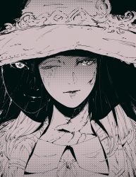 Rule 34 | 1girl, closed mouth, elden ring, extra faces, greyscale, halftone, hat, highres, koyorin, light smile, looking at viewer, monochrome, one eye closed, portrait, ranni the witch, solo, witch hat
