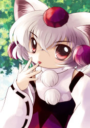 Rule 34 | 1girl, :3, :p, absurdres, animal ears, detached sleeves, female focus, licking finger, hat, highres, inubashiri momiji, licking, red eyes, short hair, solo, tokin hat, tongue, tongue out, touhou, white hair, wolf ears, yume shokunin