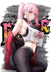 Rule 34 | 1girl, armpits, ass, black jacket, black pants, blush, breasts, brick wall, character name, closed mouth, commentary, cowboy shot, crop top, crop top overhang, english commentary, fishnet top, fishnets, graffiti, highres, hololive, hololive english, jacket, jewelry, large breasts, long hair, looking at viewer, midriff, mori calliope, mori calliope (streetwear), mouth hold, multicolored clothes, multicolored jacket, naokomama, navel, necklace, off shoulder, official alternate costume, open clothes, open jacket, pants, pink eyes, pink hair, ponytail, red jacket, skull print, sleeveless, solo, sweat, tank top, tight clothes, tight pants, twisted torso, two-tone jacket, virtual youtuber, white tank top