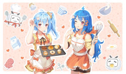 Rule 34 | 2girls, ahoge, alternate eye color, apron, baking sheet, bili girl 22, bili girl 33, bilibili, blue hair, blush, bread, breasts, cake, carminar, closed mouth, collarbone, cupcake, custard, doughnut, egg (food), food, food request, fork, hair ornament, heart, highres, ladle, long hair, looking at viewer, medium breasts, melon bread, milky way, multiple girls, one eye closed, oven mitts, pink eyes, play button, rolling pin, short hair, smile, spatula, spoon, star (sky), sunny side up egg, tongue, tongue out, whisk