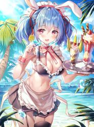 Rule 34 | 1girl, animal ears, apron, armpits, bad id, bad twitter id, bare shoulders, bell, bikini, black bikini, black skirt, black thighhighs, blue hair, breasts, choker, cleavage, cocktail glass, cowboy shot, cup, day, drinking glass, fake animal ears, fang, frilled bikini, frills, garter straps, highres, holding, icebox46, jingle bell, large breasts, light rays, long hair, looking at viewer, maid, maid apron, maid bikini, maid headdress, midriff, miniskirt, navel, ocean, open mouth, original, outdoors, palm leaf, parfait, pleated skirt, rabbit ears, red eyes, skirt, smile, solo, stomach, sunbeam, sunlight, swimsuit, thighhighs, tray, tropical drink, twintails, unconventional maid, waist apron, water, wrist cuffs, zettai ryouiki