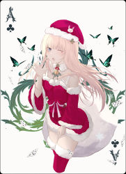 Rule 34 | 1girl, alice (alice in wonderland), alice in wonderland, bad id, bad pixiv id, blonde hair, breasts, bug, butterfly, card, christmas, green eyes, hat, highres, insect, long hair, looking at viewer, merry hearm, one eye closed, open mouth, playing card, poker, santa costume, santa hat, skirt, solo, white background
