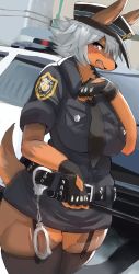 Rule 34 | 1girl, brown eyes, dog, furry, furry female, hat, highres, nukochi, open mouth, police, police cat, police hat, police stick, police uniform, short hair, solo, uniform, white hair