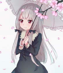 Rule 34 | 1girl, absurdres, black bow, black dress, bow, cherry blossoms, closed mouth, commentary, dress, english commentary, flower, grey hair, grey umbrella, hair bow, highres, holding, holding umbrella, kukie-nyan, long hair, long sleeves, petals, pink flower, red eyes, smile, solo, sophie twilight, tonari no kyuuketsuki-san, umbrella