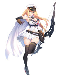 Rule 34 | 1girl, absurdres, american flag, american flag print, armpits, belt, between breasts, black thighhighs, blonde hair, blue eyes, blue oath, blush, bow (weapon), breasts, brown gloves, cape, cleavage, flag print, full body, gloves, hat, highres, holding, holding bow (weapon), holding weapon, large breasts, leg up, long hair, looking at viewer, military, military uniform, nakatama kyou, navel, necktie, necktie between breasts, original, peaked cap, rudder footwear, skirt, smile, solo, thighhighs, thighs, two side up, uniform, weapon, white cape, white skirt