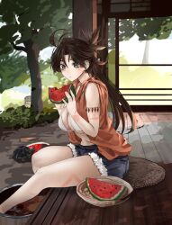 Rule 34 | 1girl, 1other, absurdres, antenna hair, arm tattoo, armlet, bare legs, bikini, black hair, blurry, blurry background, breasts, bush, chibi, chibi inset, closed mouth, day, denim, denim shorts, eating, fate (series), food, fruit, grey eyes, hands up, highres, himiko (fate), himiko (tour outfit) (fate), holding, holding food, large breasts, light particles, long hair, looking at viewer, obazzotto, orange vest, outdoors, ponytail, shorts, sitting, soaking feet, swimsuit, tattoo, thighs, tree, turtle, vest, watermelon, watermelon slice, white bikini, wooden floor