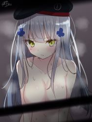 Rule 34 | &gt;:(, 1girl, bad id, bad pixiv id, black hat, blunt bangs, blush, breasts, censored, censored nipples, cleavage, closed mouth, collarbone, commentary request, facial mark, frown, girls&#039; frontline, green eyes, grey hair, hair ornament, hat, highres, hk416 (girls&#039; frontline), long hair, looking at viewer, medium breasts, navel, nude, ramchi, solo, steaming body, straight hair, upper body, v-shaped eyebrows