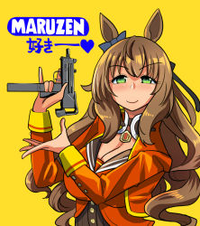 Rule 34 | 1girl, animal ears, black bow, black ribbon, bow, breasts, brown hair, brown sailor collar, character name, cleavage, curly hair, ear bow, green eyes, gun, hair between eyes, hair ribbon, holding, holding gun, holding weapon, horse ears, horse girl, jacket, long hair, mac-10/11, maruzensky (umamusume), pun, red jacket, ribbon, ringed eyes, sailor collar, sakazaki freddy, sidelocks, simple background, solo, submachine gun, translation request, umamusume, upper body, weapon, yellow background