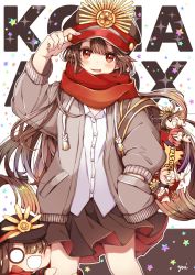 Rule 34 | 1girl, adjusting clothes, adjusting headwear, bag, black skirt, blush, brown hair, chibi, commentary request, cowboy shot, family crest, fate/grand order, fate (series), grey jacket, hand in pocket, hand up, hat, highres, hugging another&#039;s leg, jacket, charm (object), koha-ace, long hair, long sleeves, oda nobunaga (fate), oda nobunaga (koha-ace), oda nobunaga (swimsuit berserker) (fate), oda uri, open clothes, open jacket, open mouth, outline, peaked cap, pleated skirt, red eyes, red scarf, scarf, school bag, shirt, skirt, smile, star (symbol), starry background, white shirt, yui (tamagohan)