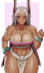 Rule 34 | 1girl, abs, animal ears, artist name, bare shoulders, blush, boku no hero academia, border, bracelet, breasts, chel (the road to el dorado), chel (the road to el dorado) (cosplay), cleavage, clenched hand, collarbone, commentary, cosplay, dark-skinned female, dark skin, earrings, gud0c, hand on own hip, hand up, highres, jewelry, large breasts, loincloth, long eyelashes, long hair, looking at viewer, mayan clothes, mirko, navel, parted bangs, pelvic curtain, pink background, pink tube top, rabbit ears, rabbit girl, raised eyebrow, red eyes, solo, stomach, strapless, symbol-only commentary, the road to el dorado, thick thighs, thighs, toned, tube top, very long hair, white border, white hair, white loincloth