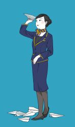Rule 34 | 1girl, blazer, blue background, blush, flight attendant, hair bun, high heels, holding paper airplane, jacket, looking at object, medium skirt, original, pantyhose, paper airplane, pencil skirt, pumps, scarf, shokugyo, skirt, smile, solo, striped clothes, striped scarf, travel attendant, uniform