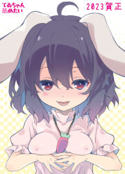 Rule 34 | 1girl, 2023, ahoge, animal ears, black hair, blush, breast lift, breasts, carrot necklace, chinese zodiac, commentary request, covered erect nipples, floppy ears, frilled sleeves, frills, hair between eyes, inaba tewi, jewelry, looking at viewer, medium breasts, medium hair, necklace, new year, open mouth, pink shirt, rabbit ears, rabbit girl, red eyes, shirt, smile, solo, tongue, tongue out, tororo (toriaezu), touhou, upper body, year of the rabbit