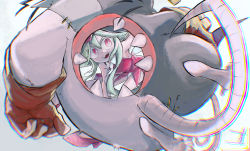 Rule 34 | 1boy, 1girl, absurdres, animal ears, blush stickers, breasts, gloves, green hair, hat, high heels, highres, hole on body, konako, leotard, mad rat, mad rat dead, mouse (animal), mouse ears, mouse girl, mouse tail, nippon ichi, rat god, red eyes, ribs, stitches, tail, top hat, wings, wrist cuffs