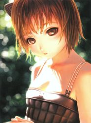 Rule 34 | 1girl, animal ears, blurry, bob cut, bokeh, cat ears, day, depth of field, eyelashes, flat chest, futuregraph, highres, murata range, own hands together, red hair, scan, short hair, skindentation, solo