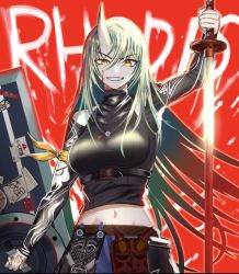 Rule 34 | 1girl, :d, arknights, arm ribbon, bare shoulders, black shirt, blood, blood on face, breasts, brown eyes, clothing cutout, cowboy shot, green hair, highres, holding, holding shield, holding sword, holding weapon, horns, hoshiguma (arknights), hoshiguma (ronin huntress) (arknights), jewelry, keita (crest8103), large breasts, long hair, long sleeves, looking at viewer, magatama, magatama necklace, mask, navel, necklace, official alternate costume, open mouth, red background, ribbon, shield, shirt, shoulder cutout, skin-covered horns, smile, solo, sword, teeth, text background, underbust, v-shaped eyebrows, very long hair, weapon, yellow ribbon