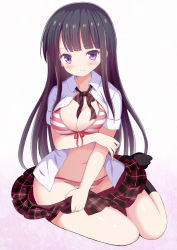 Rule 34 | 1girl, black hair, black legwear, blouse, blunt bangs, blush, bra, breasts, cleavage, clothes pull, commentary request, eyebrows, front-tie top, givuchoko, highres, holding, holding clothes, holding skirt, large breasts, long hair, looking at viewer, neckerchief, original, purple eyes, school uniform, shirt, sideboob, simple background, sitting, skirt, solo, striped bra, striped clothes, underwear, white background, white shirt, yokozuwari