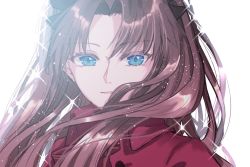 Rule 34 | 1girl, backlighting, black bow, blue eyes, bow, brown hair, fate/stay night, fate (series), hair bow, jacket, long hair, looking at viewer, red jacket, roku (ntbr fate), tohsaka rin, two side up, upper body, white background, wind, wind lift