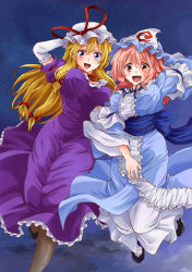 Rule 34 | 2girls, black legwear, blonde hair, blue bow, blue dress, blue hat, bow, commentary request, dress, elbow gloves, gloves, hair ribbon, hat, hat ribbon, long hair, looking at viewer, mob cap, multiple girls, open mouth, pink eyes, pink hair, purple dress, purple eyes, red ribbon, ribbon, saigyouji yuyuko, sash, shoes, short sleeves, sky, star (sky), starry sky, touhou, tress ribbon, triangular headpiece, unya, white gloves, white hat, wide sleeves, yakumo yukari