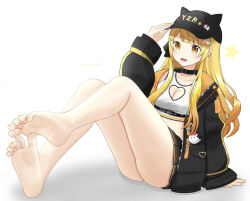 Rule 34 | 1girl, alternate costume, ass, barefoot, black choker, black headwear, black jacket, blonde hair, blunt bangs, breasts, character name, choker, cleavage, cleavage cutout, clothing cutout, collarbone, crop top, fang, feet, foreshortening, full body, gradient background, gradient hair, grey background, hand up, highres, hololive, jacket, legs, long hair, long legs, long sleeves, looking at viewer, medium breasts, miniskirt, multicolored hair, nail polish, on ground, open clothes, open jacket, orange eyes, parted bangs, pleated skirt, puffy sleeves, shadow, sidelocks, sitting, skin fang, skirt, sleeveless, soles, solo, spread toes, star (symbol), tamagotozi3420, toenail polish, toenails, toes, twitter username, virtual youtuber, white background, yozora mel