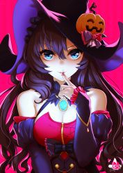 Rule 34 | 1girl, artist logo, bare shoulders, blue eyes, bow, breasts, brooch, brown hair, cleavage, detached sleeves, finger to mouth, frilled bow, frilled sleeves, frills, glowing, hair between eyes, halloween costume, hat, hat bow, highres, ichinose shiki, idolmaster, idolmaster cinderella girls, infinote, jack-o&#039;-lantern, jewelry, juliet sleeves, lips, long hair, long sleeves, looking at viewer, medium breasts, nail polish, parted lips, pendant, pink background, pink nails, puffy sleeves, simple background, smile, solo, underbust, upper body, wavy hair, witch, witch hat