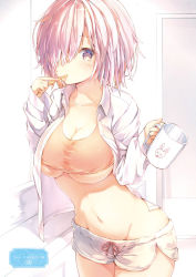 Rule 34 | 1girl, absurdres, alternate costume, blouse, blush, breasts, brushing teeth, cameo, character print, cleavage, cowboy shot, crop top, cup, fate/grand order, fate (series), hair over one eye, highres, indoors, large breasts, mash kyrielight, mug, navel, print mug, purple eyes, purple hair, scan, shirt, short hair, short shorts, shorts, solo, stomach, sune (mugendai), taut clothes, taut shirt, toothbrush, underboob, white shirt