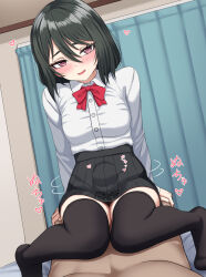 Rule 34 | 1boy, 1girl, black skirt, black thighhighs, blush, bow, bowtie, breasts, clothed female nude male, clothed sex, collared shirt, cowgirl position, girl on top, green hair, hetero, highres, indoors, knees together feet apart, looking at viewer, medium breasts, nude, open mouth, original, pov, red bow, red bowtie, red eyes, sayano (yakob labo), sex, shirt, skirt, smile, solo focus, stomach bulge, straddling, thighhighs, white shirt, yakob labo