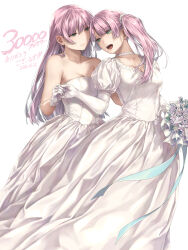 Rule 34 | 2girls, bare shoulders, bouquet, breasts, choker, cleavage, closed mouth, collarbone, commentary request, dancing, dress, elbow gloves, eye contact, eyebrows hidden by hair, eyes visible through hair, female focus, flower, gloves, green eyes, hair between eyes, half-closed eyes, hand on another&#039;s waist, highres, holding, holding bouquet, holding hands, juliet sleeves, long hair, long sleeves, looking at another, looking back, medium breasts, multiple girls, neck, open mouth, original, pink hair, puffy short sleeves, puffy sleeves, short sleeves, side ponytail, simple background, smile, straight hair, strapless, strapless dress, takekawa shin, teeth, translation request, upper teeth only, wedding dress, white background, white choker, white dress, white flower, white gloves, wife and wife, yuri