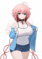 Rule 34 | 1girl, :o, absurdres, ahoge, blue jacket, blue skirt, breasts, camisole, cleavage, commentary request, denim, denim skirt, feathered wings, green eyes, hair between eyes, highres, ikaros, jacket, large breasts, long hair, long sleeves, off shoulder, open clothes, open jacket, parted lips, pink hair, puffy long sleeves, puffy sleeves, red ribbon, ribbon, robot ears, simple background, skirt, solo, sora no otoshimono, standing, very long hair, white background, white camisole, white wings, wings, ying jing meng