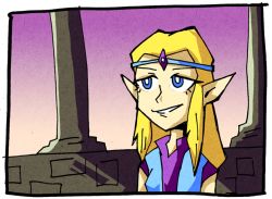 Rule 34 | 1girl, blonde hair, blue eyes, breasts, circlet, derivative work, gradient background, nintendo, pillar, pointy ears, princess zelda, screenshot redraw, setz, shirt, small breasts, smile, smug, solo, the legend of zelda, the legend of zelda (cd-i), vest, zelda: the wand of gamelon