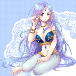 Rule 34 | 1girl, anklet, arabian clothes, armlet, barefoot, bikini, bikini top only, blush, bracelet, character request, earrings, forehead jewel, harem outfit, harem pants, jewelry, long hair, looking at viewer, lots of jewelry, midriff, navel, original, pants, pointy ears, purple eyes, purple hair, see-through, serino itsuki, sitting, solo, swimsuit, very long hair