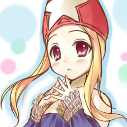 Rule 34 | 1girl, :&lt;, blonde hair, bucchake (asami), final fantasy, final fantasy tactics, hat, long hair, red eyes, robe, sidelocks, solo, steepled fingers, time mage, time mage (fft), upper body