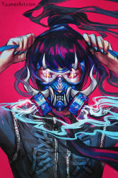 Rule 34 | 1girl, black hair, blunt bangs, commentary, english commentary, face, gas mask, glowing, glowing eyes, highres, long hair, looking at viewer, mask, nail polish, original, pink background, ponytail, red eyes, solo, third-party source, tying hair, watermark, web address, yuumei