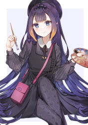 Rule 34 | 1girl, absurdres, apron, bag, bangs pinned back, black apron, black hat, black pantyhose, blue eyes, border, commentary, diamond hairband, dress, english commentary, eyelashes, feet out of frame, gradient hair, hands up, hat, highres, holding, holding paintbrush, hololive, hololive english, long hair, long sleeves, multicolored hair, ninomae ina&#039;nis, ninomae ina&#039;nis (casual), orange hair, paintbrush, palette (object), pantyhose, pink bag, pinstripe dress, pinstripe pattern, pointy ears, puffy sleeves, purple background, purple hair, simple background, sitting, solo, striped, tentacle hair, very long hair, virtual youtuber, yukineko1018