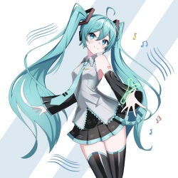 Rule 34 | 1girl, ahoge, aqua eyes, aqua hair, aqua necktie, bare shoulders, black thighhighs, breasts, closed mouth, collared shirt, cowboy shot, detached sleeves, grey shirt, hair between eyes, hatsune miku, highres, leaning to the side, long hair, looking at viewer, medium breasts, miniskirt, musical note, necktie, outstretched arms, pleated skirt, procrastinator39, shirt, simple background, skirt, sleeveless, sleeveless shirt, small breasts, smile, solo, thighhighs, twintails, very long hair, vocaloid, zettai ryouiki