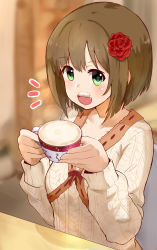 Rule 34 | 10s, 1girl, :d, ^^^, absurdres, blurry, blush, brown background, brown hair, collarbone, commentary request, cup, depth of field, fang, flower, foam mustache, green eyes, hair flower, hair ornament, highres, holding, idolmaster, idolmaster cinderella girls, long sleeves, looking at viewer, maekawa miku, okitsugu, open mouth, revision, ribbon-trimmed clothes, ribbon trim, short hair, simple background, smile, solo, table, teacup