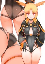 Rule 34 | 1girl, adjusting clothes, adjusting swimsuit, ass, black one-piece swimsuit, blonde hair, blush, breasts, cleavage, cleavage cutout, closed mouth, clothing cutout, commentary request, fate/grand order, fate (series), from behind, from below, gloves, gluteal fold, head wings, highleg, highleg swimsuit, highres, jacket, large breasts, long sleeves, looking at viewer, medium breasts, multiple views, one-piece swimsuit, red eyes, rindr (fate), short hair, simple background, smile, swimsuit, thigh gap, thighs, valkyrie (fate), white background, wings, yoosai
