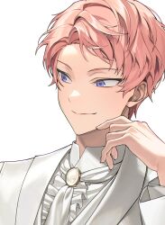 Rule 34 | 11942tm, 1boy, absurdres, closed mouth, commentary request, ensemble stars!, hand up, highres, itsuki shu, jacket, korean commentary, long sleeves, looking to the side, male focus, pink hair, portrait, purple eyes, short bangs, short hair, simple background, solo, white background, white jacket