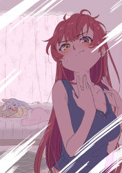 Rule 34 | bed, blanket, blue hair, blush, breasts, carrot print, closed curtains, collarbone, commentary request, curtains, food print, hair down, heterochromia, hickey, highres, hikimayu, hololive, houshou marine, large breasts, long hair, looking at mirror, mirror, multicolored hair, open mouth, pajamas, pillow, rabbit girl, red eyes, red hair, sleeping, sweatdrop, tank top, thick eyebrows, two-tone hair, usada pekora, very long hair, virtual youtuber, vitalizingwind, wavy mouth, white hair, yellow eyes, yuri