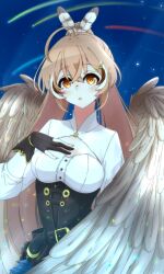 Rule 34 | 1girl, absurdres, ahoge, belt, bird girl, blush, brown capelet, brown cloak, brown eyes, brown hair, capelet, cleavage cutout, cloak, clothing cutout, crossed bangs, feather hair ornament, feathers, gloves, hair ornament, hairclip, hand on own chest, highres, holocouncil, hololive, hololive english, light particles, long hair, looking up, multicolored hair, nanashi mumei, nanashi mumei (1st costume), parted lips, partially fingerless gloves, pleated skirt, ponytail, pouch, red skirt, ribbon, sayo0692, shirt, shooting star, skirt, streaked hair, very long hair, virtual youtuber, white shirt, wings