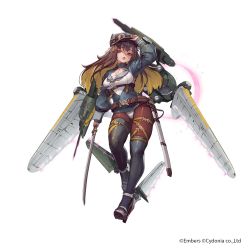 Rule 34 | 1girl, :o, ash arms, asymmetrical legwear, breasts, brown hair, cleavage, cleavage cutout, clothing cutout, cropped jacket, goggles, goggles on headwear, hat, highres, holding, holding sword, holding weapon, jacket, long hair, long sleeves, machinery, medium breasts, multicolored hair, official art, open mouth, pantyhose, purple eyes, sailor collar, sheath, sheathed, simple background, solo, suzuno (bookshelf), sword, tassel, thigh strap, two-tone hair, uneven legwear, weapon