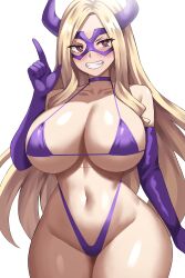 Rule 34 | 1girl, absurdres, bare shoulders, bikini, blonde hair, blush, boku no hero academia, breasts, choker, cleavage, collarbone, cowboy shot, elbow gloves, gloves, grin, hand up, highres, horns, jasony, large breasts, long hair, looking at viewer, mount lady, navel, purple bikini, purple choker, purple eyes, purple gloves, simple background, smile, stomach, swimsuit, teeth, thighs, underboob, white background