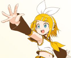 Rule 34 | 1girl, aqua eyes, armpits, bare shoulders, black sailor collar, black sleeves, blonde hair, blue eyes, bow, breasts, detached sleeves, foreshortening, gunmania002, hair bow, hair ornament, hairclip, headphones, headset, highres, kagamine rin, midriff, navel, neckerchief, open mouth, outstretched arm, outstretched hand, reaching, sailor collar, shirt, short hair, shorts, sleeveless, sleeveless shirt, small breasts, smile, solo, swept bangs, vocaloid, white bow, white shirt, yellow neckerchief