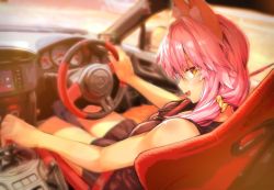 Rule 34 | animal ear fluff, animal ears, bare shoulders, between breasts, blush, breasts, car, car interior, commentary, commentary request, driving, fate/extella, fate/extra, fate/grand order, fate (series), fox ears, fox girl, fox tail, looking at viewer, looking back, motor vehicle, open mouth, pink hair, scrunchie, solo, steering wheel, tail, tamamo (fate), tamamo no mae (fate/extra), toyota, vehicle interior, wisespeak, yellow eyes, yellow scrunchie